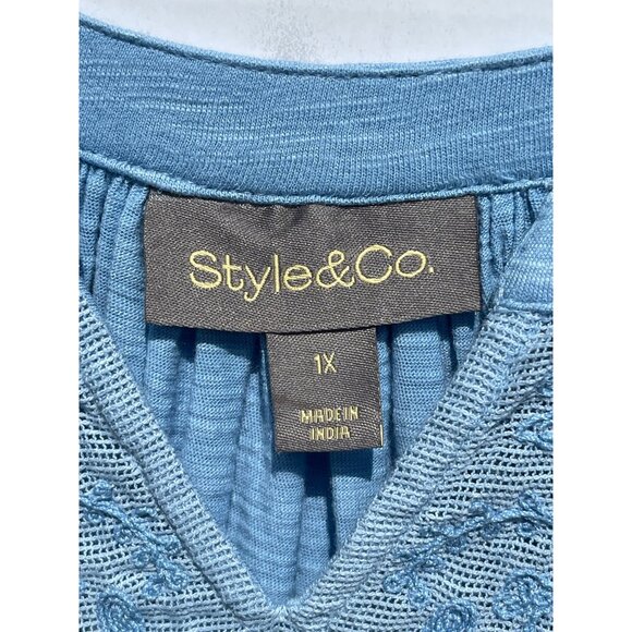 Style & Co Pale Hydrangea Blue Lace Knit Top 1X Long Sleeve Womens Shirt Cotton - Picture 5 of 7